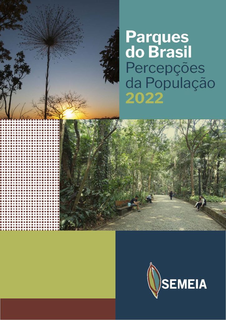 Capa da pesquisa "Parques do Brasil - Percepções da População 20022". Além do título, a capa é ilustrada com duas imagens. A primeira de silhuetas de árvores iluminadas por pôr-do-sol. A segunda, em um parque bem arborizado, pessoas aproveita a natureza, sentadas em bancos ou caminhando pelas suas largas vias. O download da pesquisa pode ser feito clicando sobre a imagem